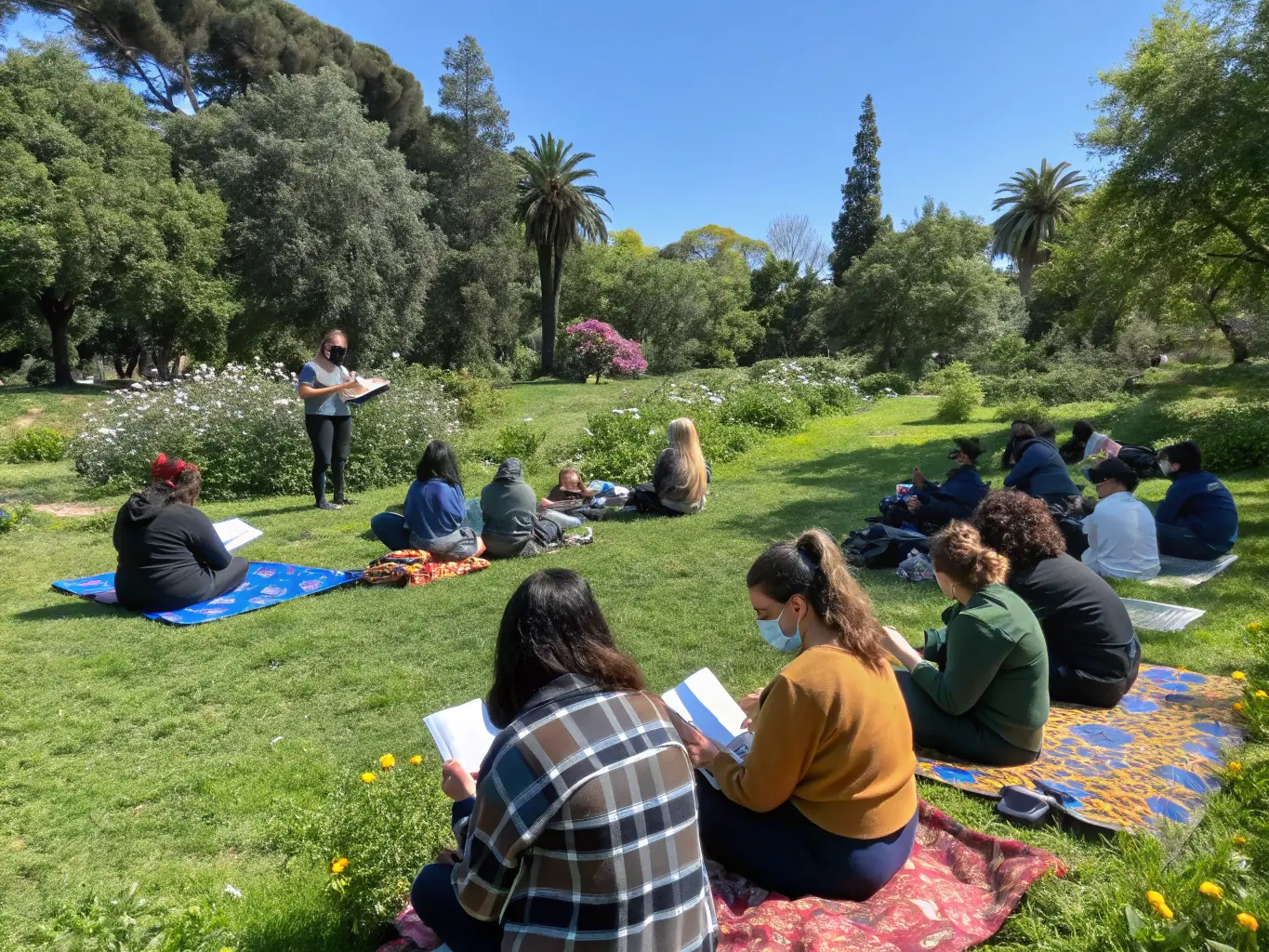A group of landowners participating in a community workshop outdoors, engaging in discussions about conservation.