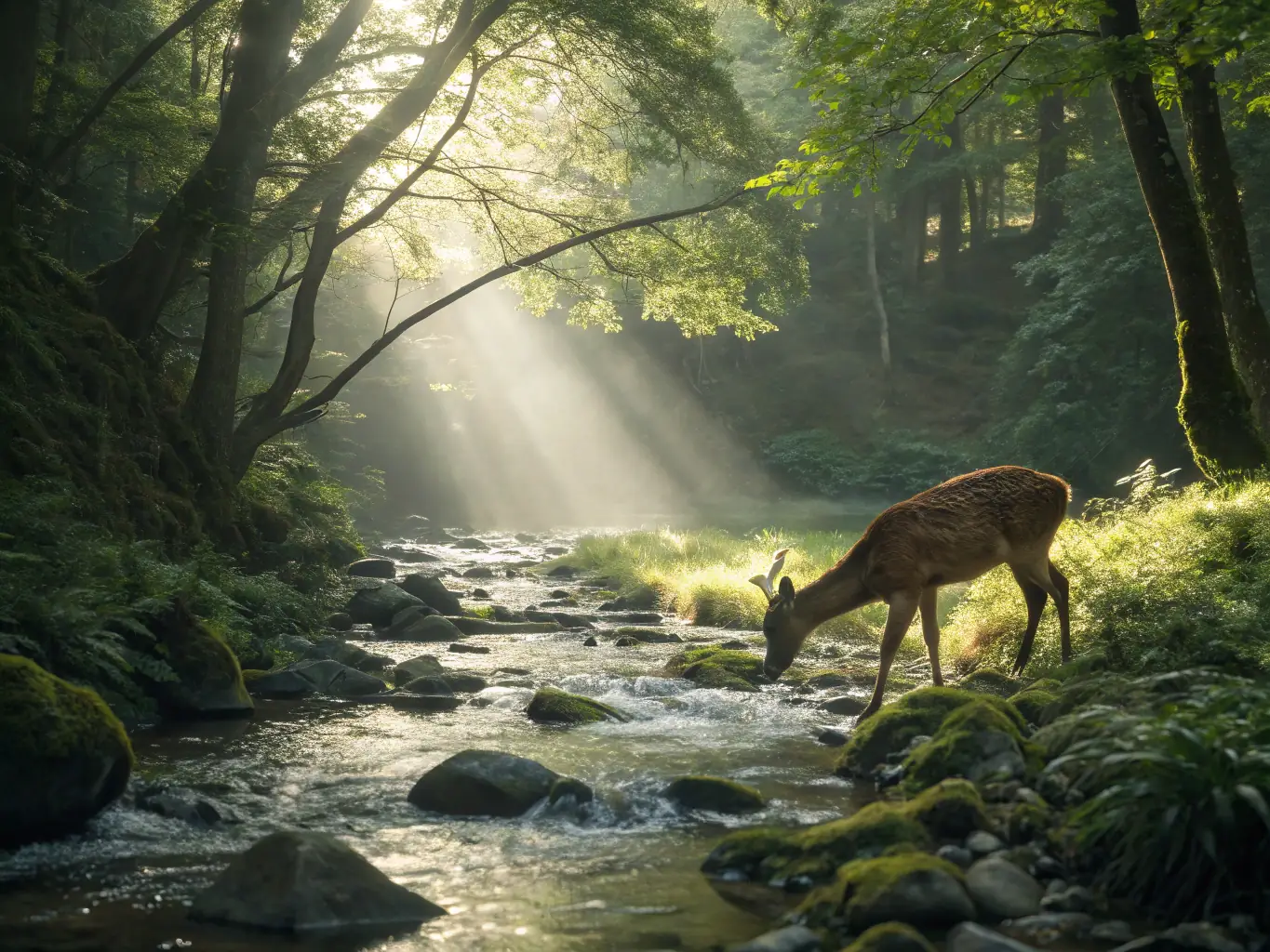 A scenic image of a lush forest with wildlife such as deer and birds, illustrating healthy ecosystem management.