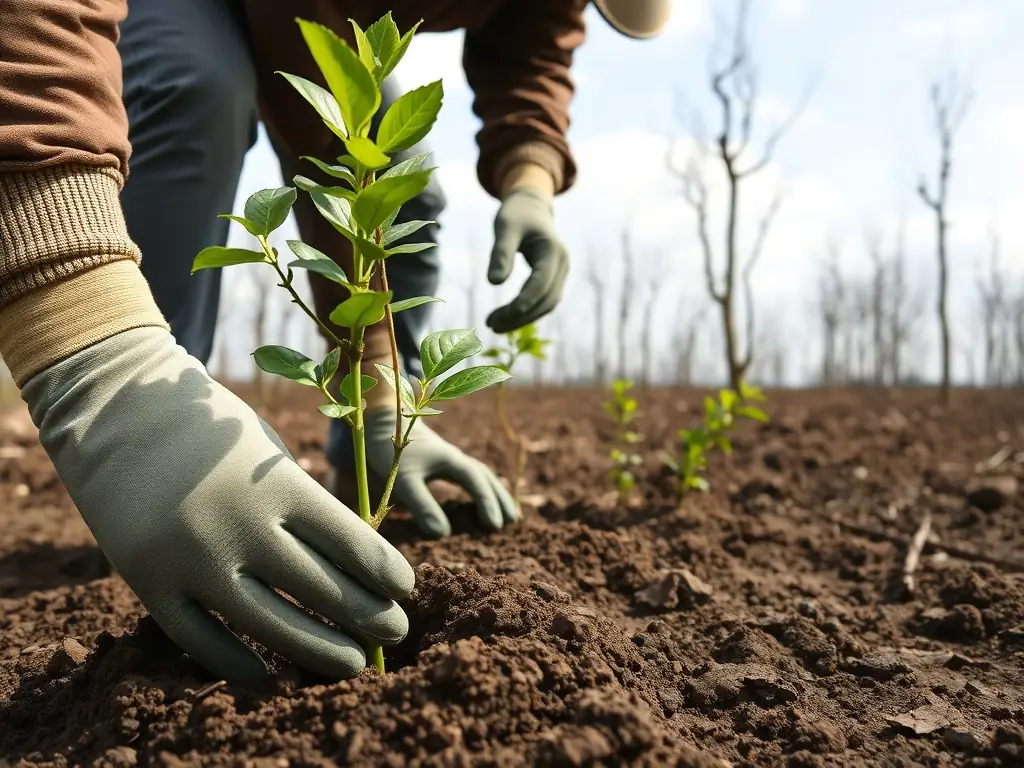 A group of volunteers planting trees in a deforested area, symbolizing reforestation efforts by AMICALE DES PROPRIETAIRES TERRIENS DE NERSAC.