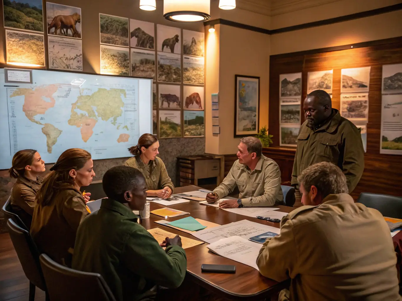 A workshop session where community members are learning about wildlife conservation techniques from an expert.