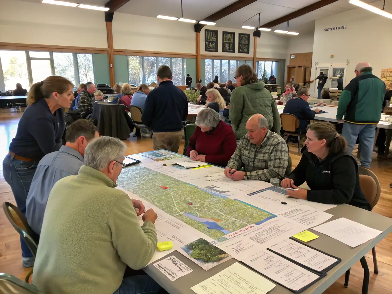 A group of landowners participating in a community workshop outdoors, engaging in discussions about conservation.