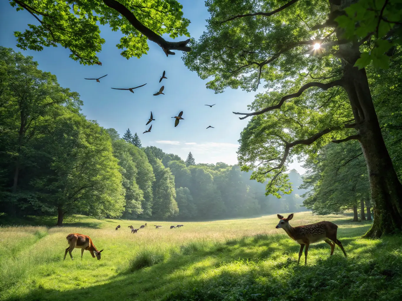 A scenic image of a lush forest with wildlife such as deer and birds, illustrating healthy ecosystem management.