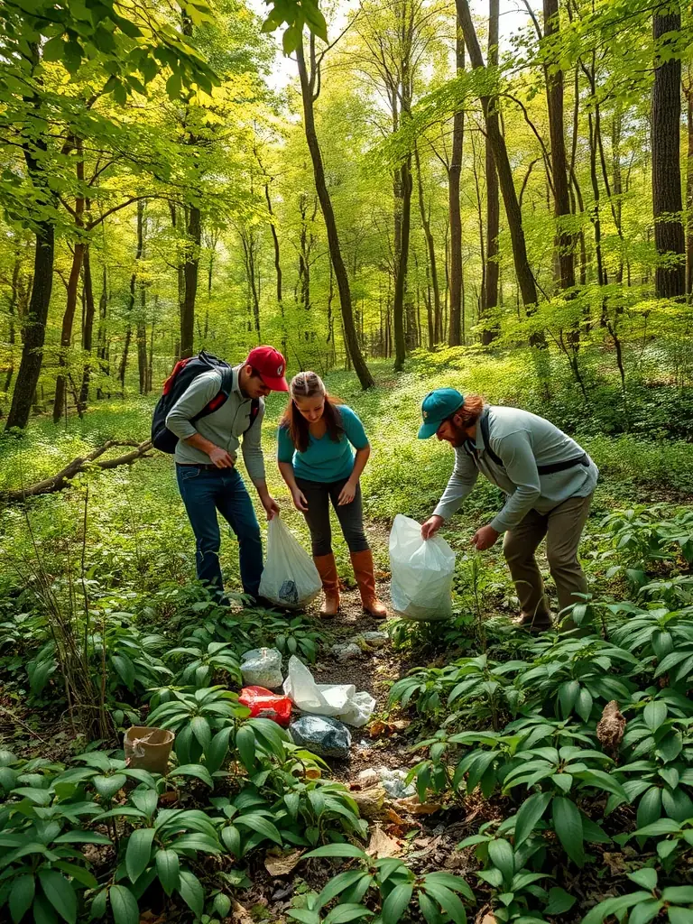 A photograph capturing AMICALE DES PROPRIETAIRES TERRIENS DE NERSAC volunteers cleaning up litter and debris from a local forest area, demonstrating their dedication to preserving the natural beauty of Nersac.