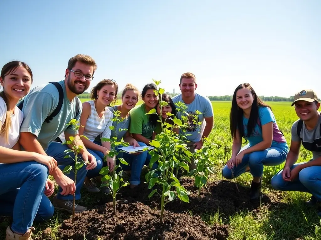 A photograph showcasing volunteers planting trees in a deforested area, symbolizing reforestation efforts.