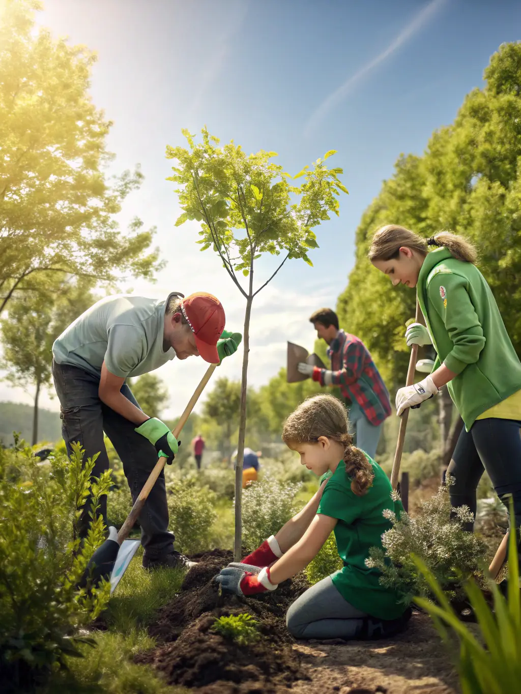 A photograph depicting volunteers planting trees in a deforested area, symbolizing the organization's reforestation efforts.