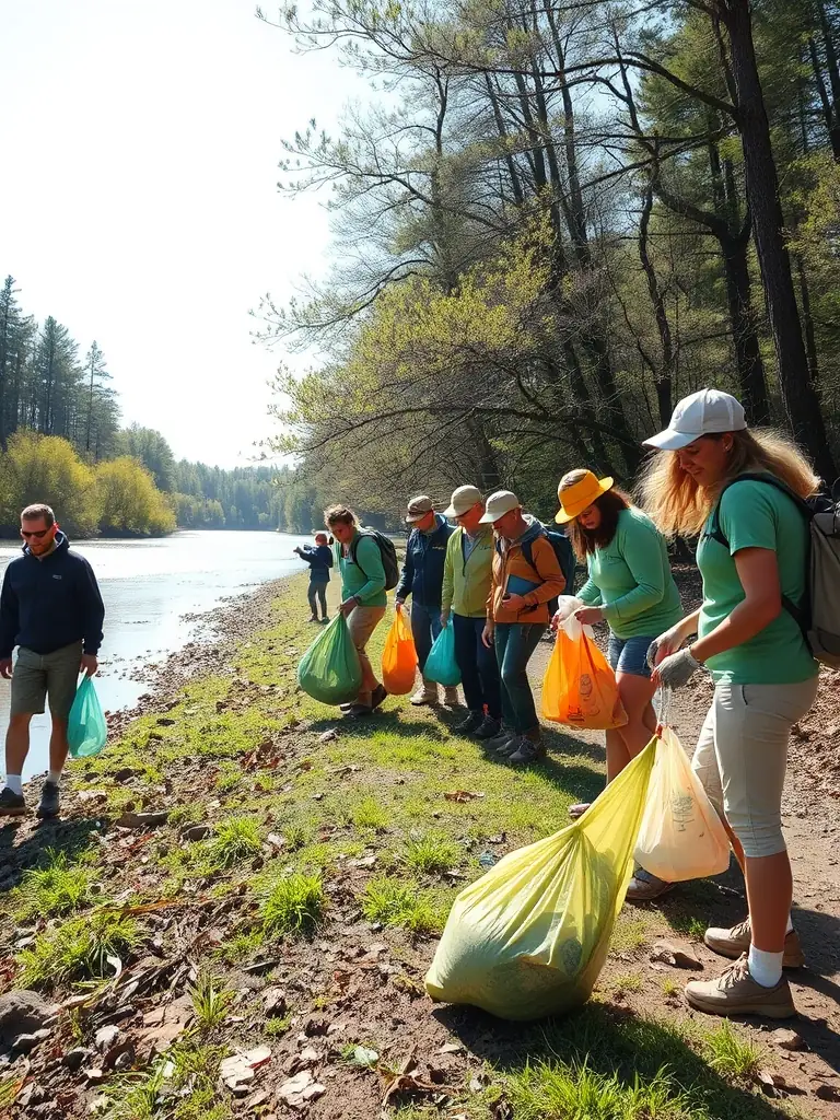 A photograph of volunteers cleaning up a local riverbank, demonstrating the organization's efforts to maintain clean and healthy ecosystems.